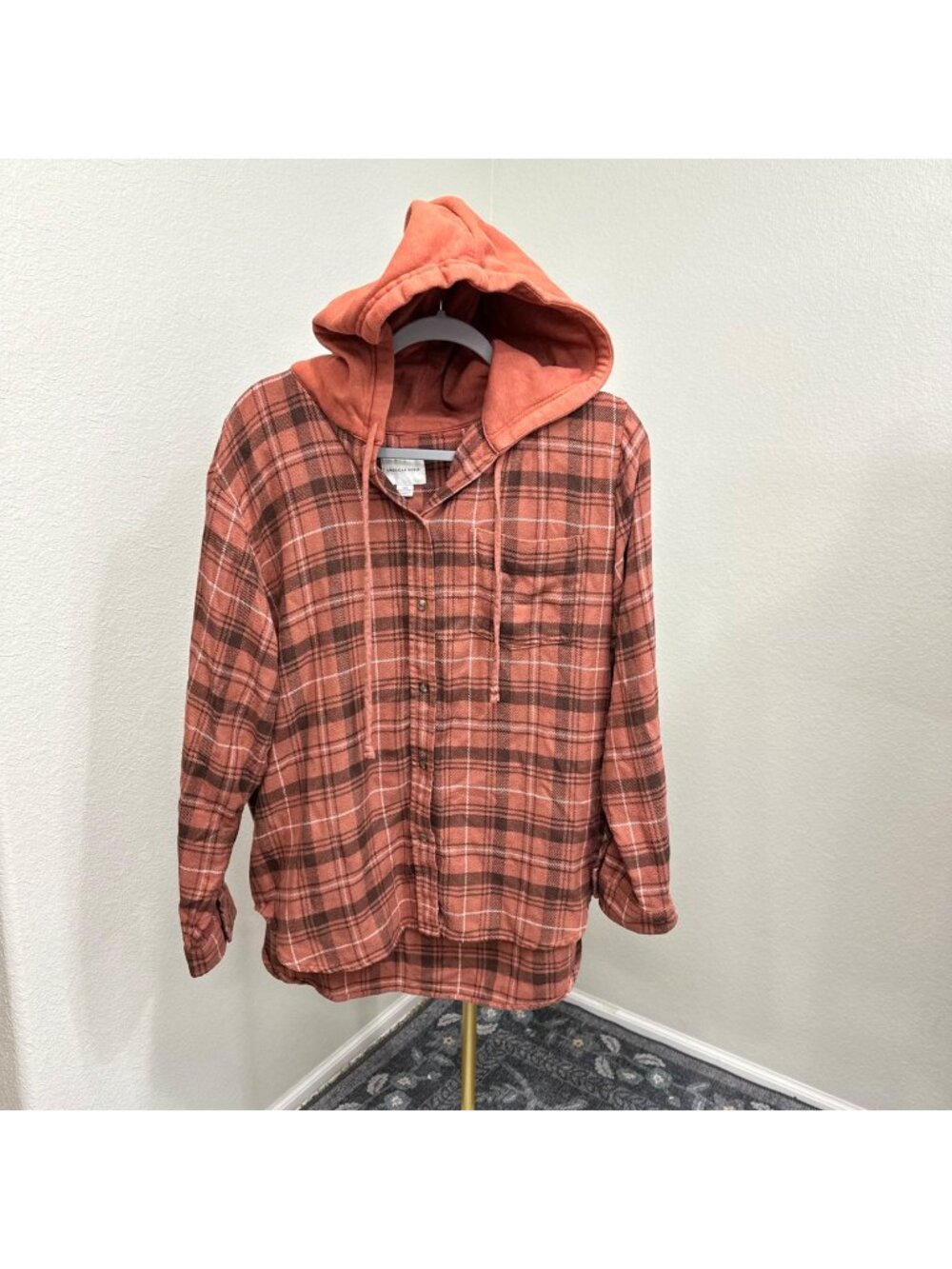 American Eagle Outfitters Plaid Hooded Long Sleeve Button Up Shirt Womens Large - Picture 1 of 8